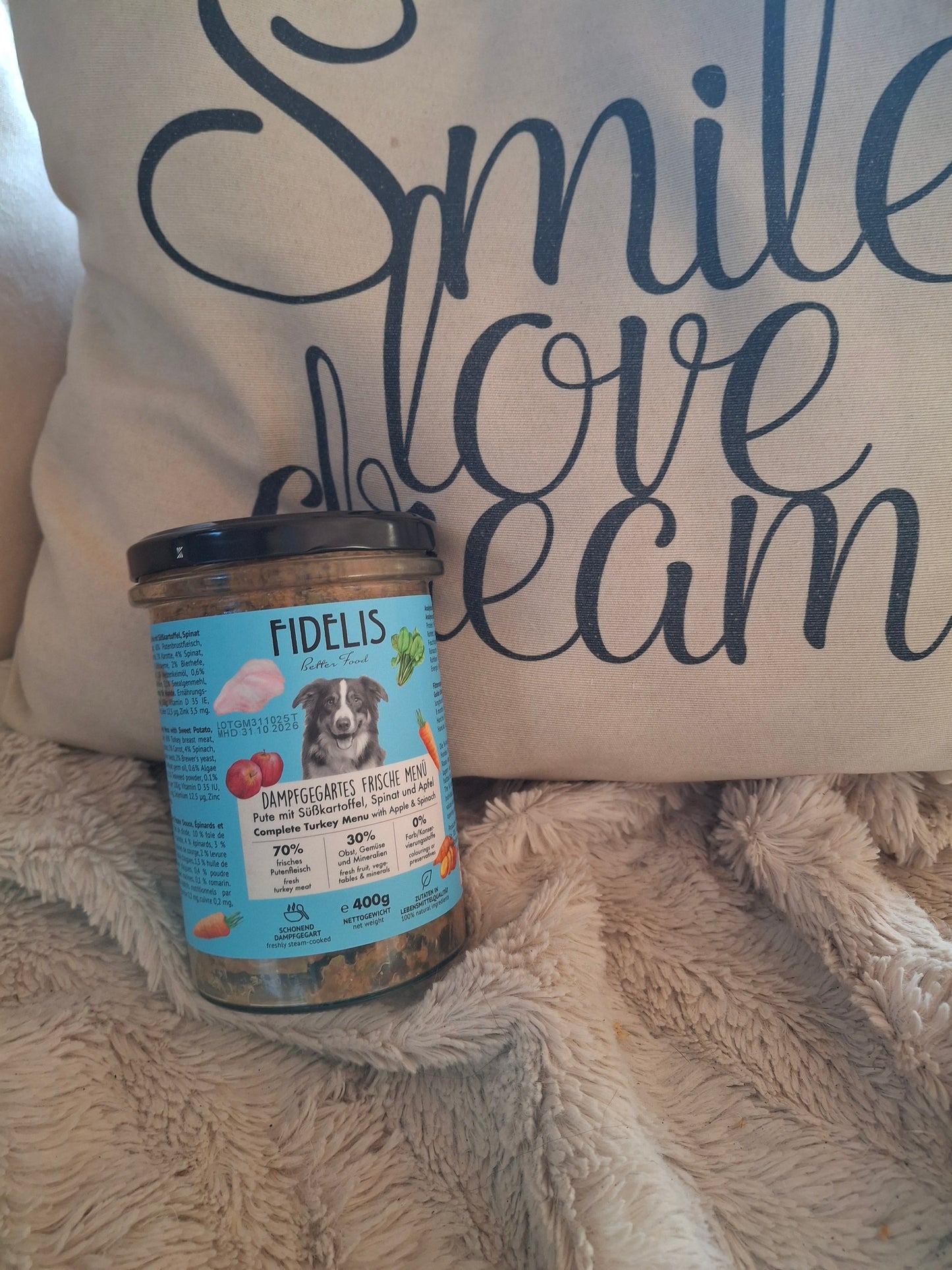 Menu frais pour chien à la dinde avec patate douce, épinards et pomme - 400gr